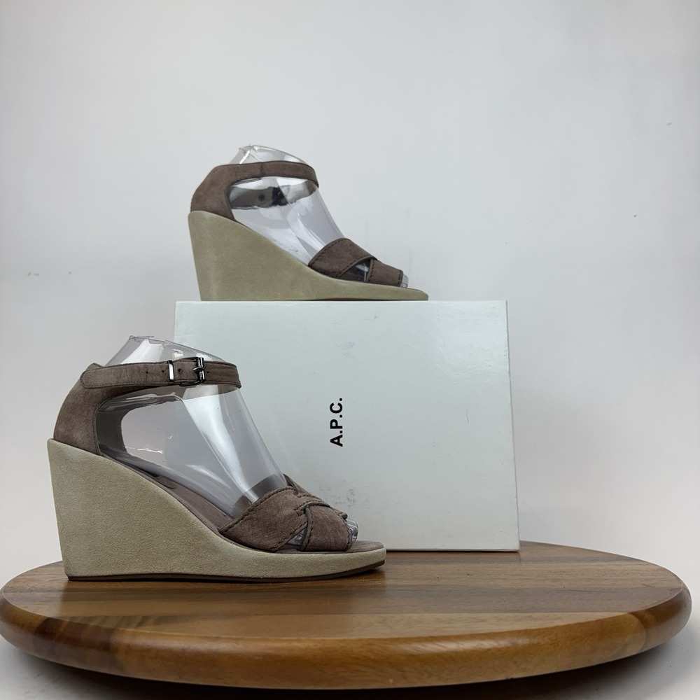 Womens APC Taupe Brown Suede Cross Strap Wedge Sandals Size EU 37 / US 7 GUC
